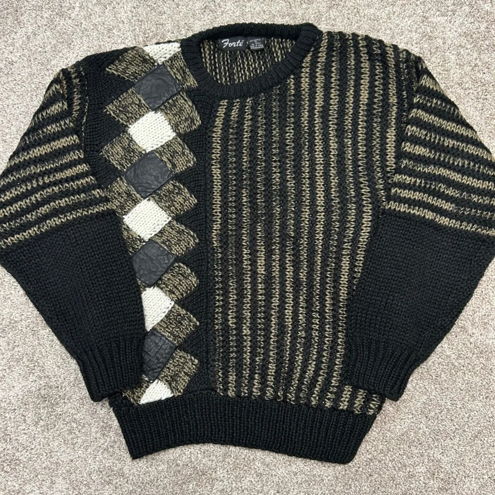 Vintage Forte Crewneck Sweater Men Size Small Leather Accents‎ 90s Stripe